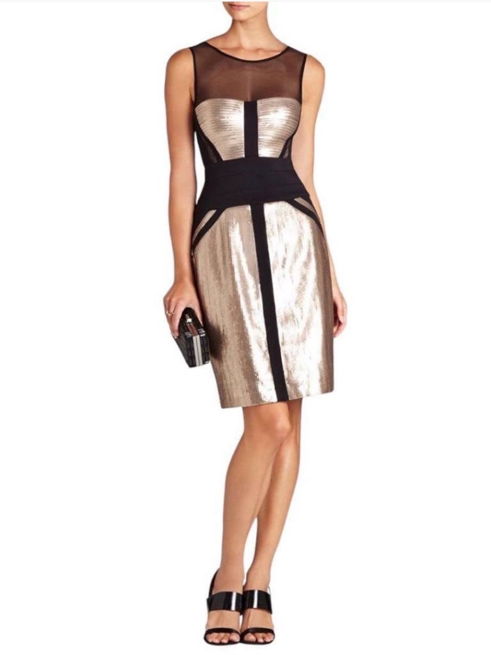 BCBGMAXAZRIA Reina Rose Gold Sequin Panels Dress, Sheer Mesh Details, Size Small